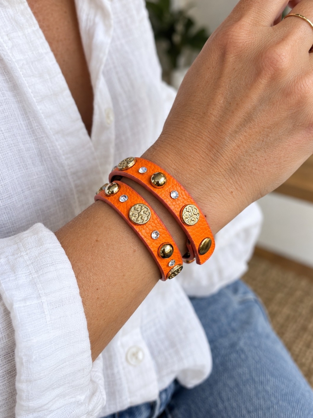 Tory Burch ICONIC Orange Crystal Studded Double Wrap Leather Bracelet